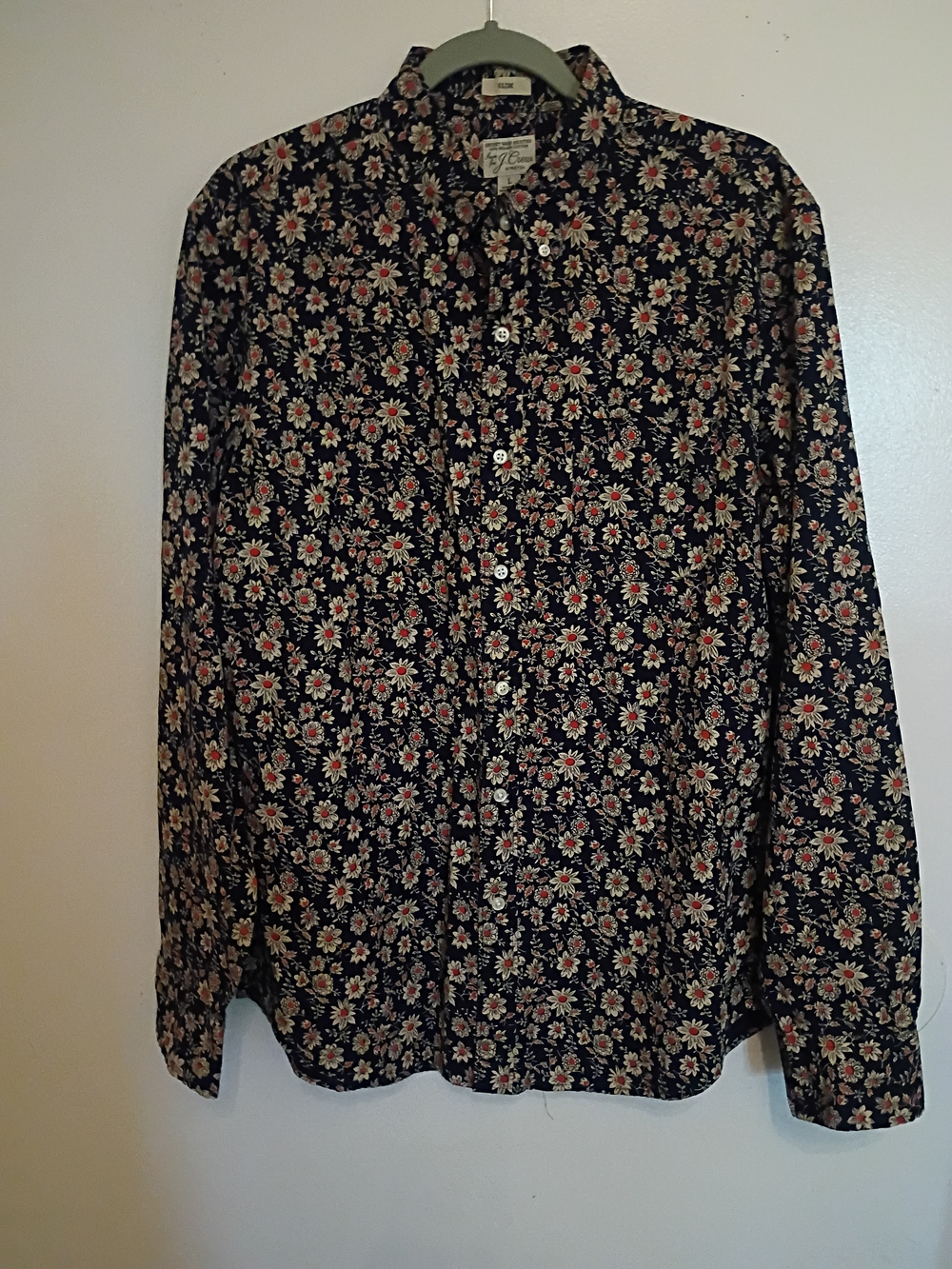J. Crew Men's Navy Floral Button-Up with Orange & Cream Blooms Sz L‎